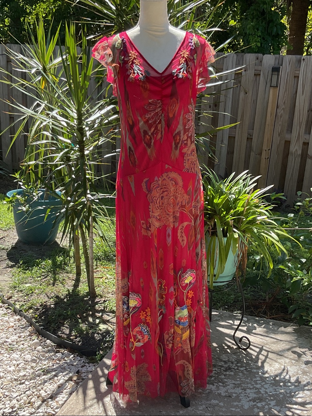 Unique Johnny Was Biya Red Floral Maxi Dress